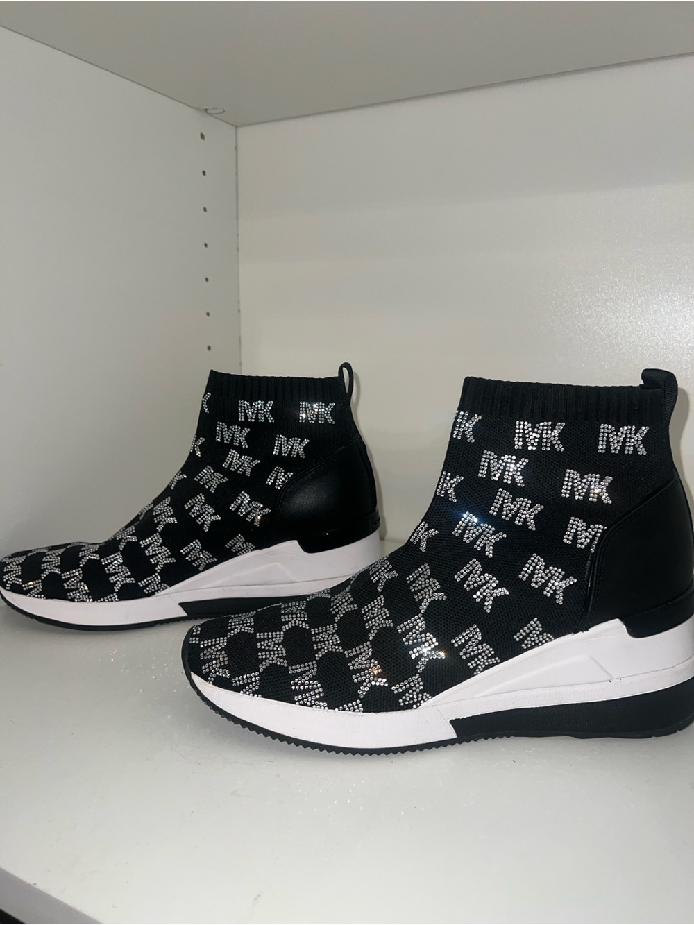 Michael Kors Black Knit Logo Sock Sneakers with White Platform